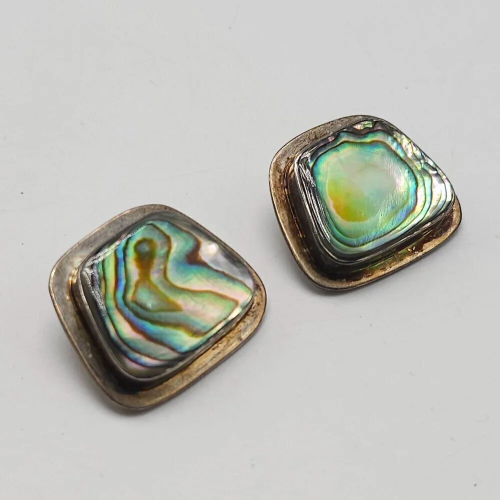 Vintage ATI Mexican Sterling Silver Abalone Shell Clip-On Earrings Square Design